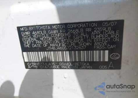 2007 Lexus Es 350 from USA, damaged, VIN JTHBJ46G572132637